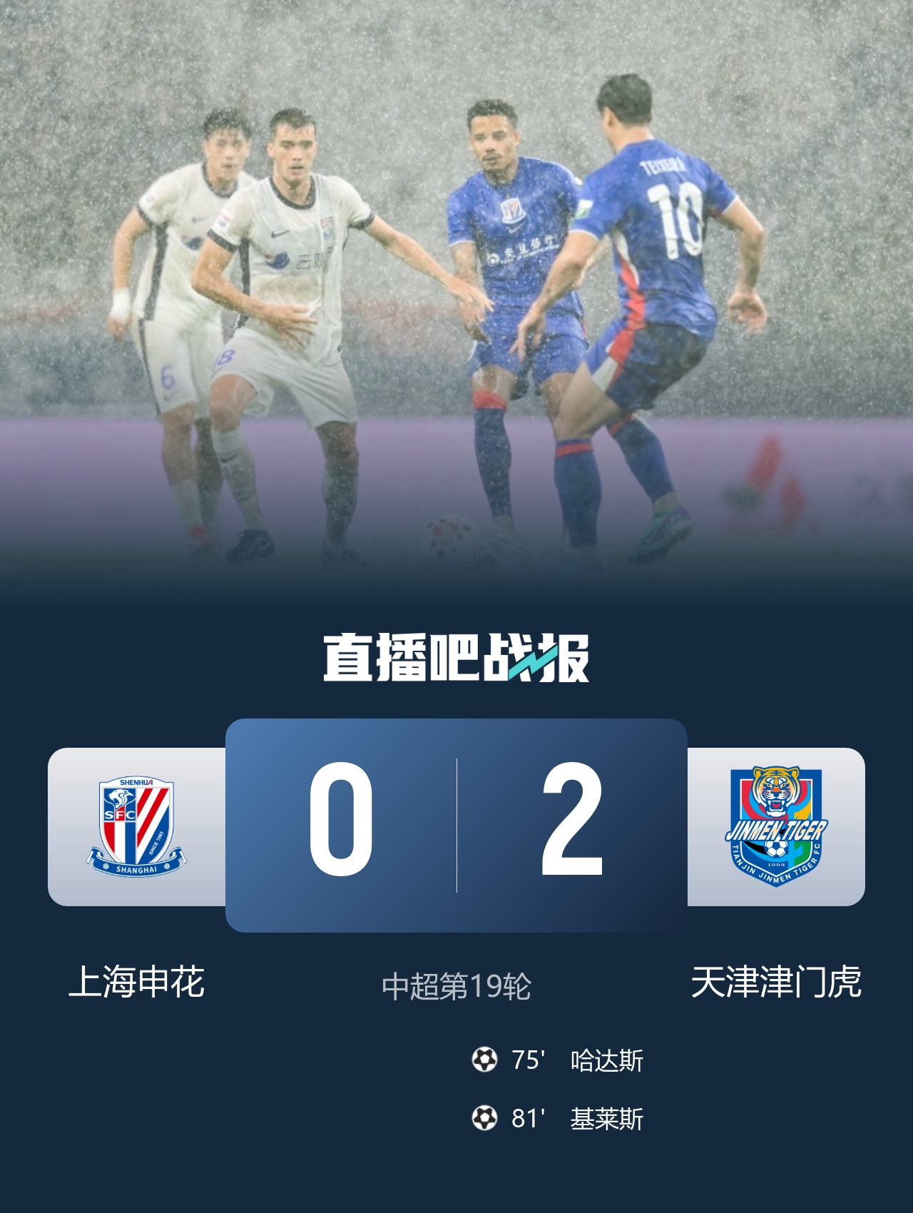 暴雨中断1小时复赛闪击,哈达斯传射基莱斯破门,津门虎客场2-0申花 暴雨中断1小时复赛闪击,哈达斯传射基莱斯破门,津门虎客场2-0申花