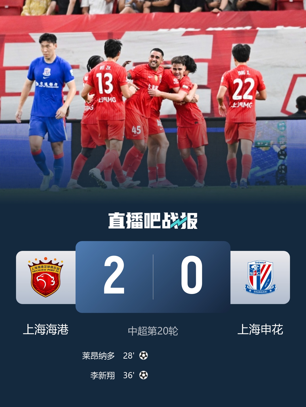 德比复仇！海港2-0申花，莱昂纳多李新翔建功反超积分