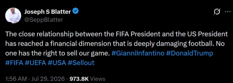 布拉特炮轰因凡蒂诺:FIFA成立子公司估值200亿美元,称其出卖足球