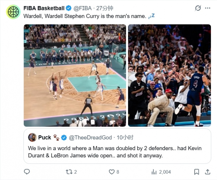 FIBA官方晒库里传奇瞬间：KD和LBJ被放空 他却顶着包夹出手💤